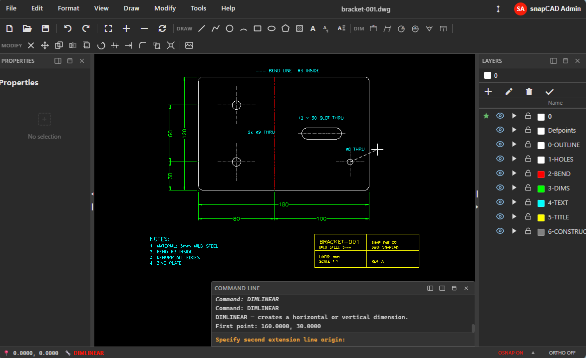 snapCAD editing a steel bracket fabrication drawing with dimensions, layers, and command line